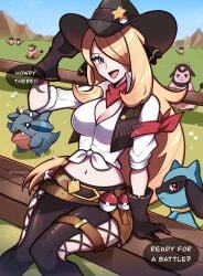 blonde_hair cleavage cowgirl cynthia_(pokemon) large_breasts midriff pokemon touyarokii