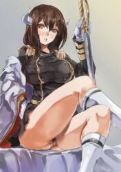 1girls ass_visible_through_thighs azur_lane brown_eyes brown_hair censored crossed_legs curved_horns exposed_nipples kneehighs light-skinned_female light_skin looking_at_viewer mikasa_(azur_lane) military_uniform mosaic_censoring no_bra no_panties pubic_hair sakura_empire_(azur_lane) sitting sword thighs upskirt white_gloves yohane