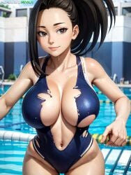 1girls ai_generated black_hair breasts competition_swimsuit female huge_breasts indoors large_breasts light-skinned_female light_skin long_hair momo_yaoyorozu my_hero_academia one-piece_swimsuit panda_ai ponytail pool ripped_clothing stable_diffusion swimsuit thick_thighs torn_clothes wardrobe_malfunction wide_hips