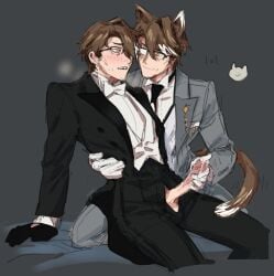 blush brown_hair cat_ears cat_tail cum gay glasses gloved_handjob gloves handjob honkai:_star_rail honkai_(series) male_only on_bed penis penis_out penis_through_fly rubbing_penis selfcest smirk smirking suit welt_yang_(honkai:_star_rail) yellow_eyes