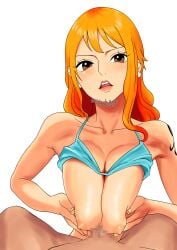 1boy 1girls big_breasts breasts censored female ill_yanda_byoki male mosaic_censoring nami one_piece paizuri perpendicular_paizuri post-timeskip