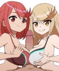 1boy 2girls :d animated blonde_hair bra breasts closed_mouth clothed_female_nude_male double_paizuri earrings grin highres jewelry kyde large_breasts large_penis long_hair looking_at_viewer medium_hair multiple_girls mythra mythra_(xenoblade) nude penis pov pyra pyra_(xenoblade) red_bra red_eyes red_hair simple_background smile straight teamwork teeth underwear v-shaped_eyebrows veins veiny_penis white_background white_bra xenoblade_(series) xenoblade_chronicles_(series) xenoblade_chronicles_2 yellow_eyes