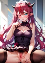 1girls ai_generated blush heterochromia hololive hololive_english horns irys irys_(hololive) pussy pussy_juice spread_legs stable_diffusion thighhighs virtual_youtuber