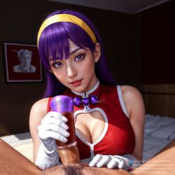 ai_generated athena_asamiya cleavage_cutout female gloved_handjob gloves handjob handjob_w/sex_toy king_of_fighters masturbation partial_male pearl_necklace phantom_draft purple_hair red_vest spread_legs yellow_hairband