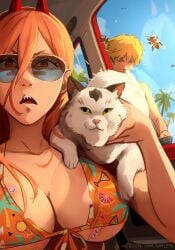 1boy 1girls bandage beach bee bee_sting big_breasts bikini bikini_top blonde_hair breasts chainsaw_man denji_(chainsaw_man) fake_breasts fat_breasts horns inside_car khyleri large_breasts looking_at_penis meowy_(chainsaw_man) power_(chainsaw_man) sunglasses white_cat