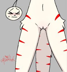 >~< 2023 absollnk anthro archie_(lewdylithical) blush bodily_fluids closed_eyes colored deer domestic_cat felid feline felis female freckles fur fur_tuft genital_fluids genitals hi_res hybrid mammal navel nervous pussy pussy_juice pussy_juice_string red_stripes shaded signature solo stripes sweat tuft white_body white_fur