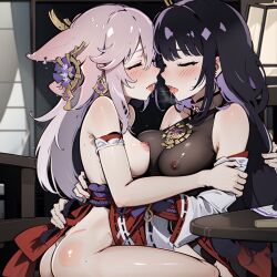 after_kiss ai_generated blush breast_press breasts closed_eyes fox_ears fox_girl genshin_impact hoyoverse imminent_sex kimono mihoyo raiden_shogun stable_diffusion thick_thighs thighs yae_miko yukino_ai yuri