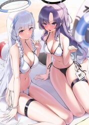 2girls bikini black_and_blue_halo blue_and_white_halo blue_archive embarrassed female finger_on_chin full-face_blush human id_card lanyard large_breasts millennium_science_school_logo_(blue_archive) millennium_science_school_student neckwear noa_(blue_archive) pale_skin sbgu seductive_look seminar_(blue_archive) smile student_id thigh_strap yuuka_(blue_archive)