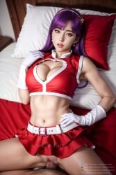 ai_generated athena_asamiya cleavage_cutout female fighter gloves king_of_fighters missionary_position partial_male phantom_draft purple_hair red_hairband red_skirt red_vest snk white_gloves