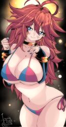 1girls 2023 android android_21 android_21_(good) android_21_(human) arc_system_works artist_signature bandai_namco belly_button big_breasts bikini bikini_bottom bikini_top blue_eyes blue_nail_polish blue_nails bracelet brown_hair dragon_ball dragon_ball_fighterz earrings elbow_gloves fanart gold_jewelry hips jewelry large_breasts light-skinned_female light_skin long_hair looking_at_viewer messy_hair omochi_db thighs voluptuous voluptuous_female vomi_(dragon_ball)