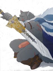 1boy 2022 anthro bara big_penis blaidd_(elden_ring) canid canine canis cloak dark_fur elden_ring fromsoftware fur furry gay grey_body grey_fur hi_res highres humanoid_genitalia humanoid_penis male male_focus male_only mammal masculine_male muscular muscular_anthro muscular_male nude penis solo solo_male wolf yaoi