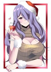 1girls arm_warmers breasts brown_sweater camilla_(fire_emblem) christmas cleavage cleavage_cutout clothing_cutout cup drink drinking_glass fe135700 female female_only fire_emblem fire_emblem_fates hair_over_one_eye hat heart highres holding holding_cup keyhole_turtleneck long_hair looking_at_viewer nintendo purple_eyes purple_hair red_headwear santa_hat sleeveless sleeveless_turtleneck smile solo sweater turtleneck turtleneck_sweater upper_body