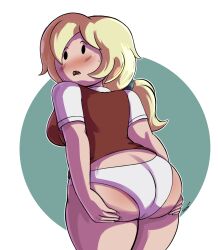 1girls adventure_time ass ass_support big_ass blonde_hair blush bottom_heavy breasts bubble_butt clothing dat_ass fat_ass female female_only fionna_and_cake fionna_campbell fionna_the_human_girl huge_ass human large_ass looking_at_viewer looking_back mob_face no_pants outerwear pale_skin panties shirt solo stewsspicyblog thick_ass thick_thighs underwear vest wide_hips