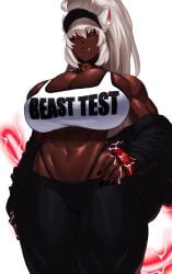 1girls big_breasts black_sclera blank_background cat_ears cat_girl cat_humanoid cat_tail catgirl coco_(bakeneko) dark-skinned_female dark_skin electricity english_text fang fangs feline female female_only hand_on_hip long_hair looking_at_viewer neck_bell oerba_yun_fang plain_background red_eyes slit_pupils solo sotcho tail tank_top text text_on_clothing text_on_shirt text_on_topwear unamused very_high_resolution white_background white_hair