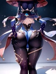 1girls ai_generated ass ass_focus ass_grab black_hair cameltoe from_behind genshin_impact hat hoyoverse huge_ass leotard long_hair mihoyo mona_(genshin_impact) snowy_yukino solo stable_diffusion thick_thighs thighlet thong thong_leotard twintails vision_(genshin_impact) yukino_ai