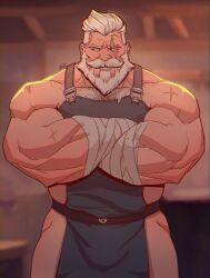 2023 apron apron_only arm_scar artist_logo bara beard biceps blind_eye blizzard_entertainment body_hair chest_hair clothing crossed_arms deltoids eye_scar facial_hair facial_scar hair hairy_chest human indoor logo looking_at_viewer male male_only mammal moustache mr_nellory muscular muscular_male old_man overwatch reinhardt reinhardt_(overwatch) scar shoulder_scar standing tagme white_hair workshop