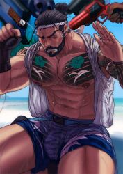 absol_(dkqthf) bara beard blush bulge cole_cassidy facial_hair hanzo hanzo_shimada male male_only muscles muscular open_shirt overwatch overwatch_2 shorts soldier_76 surrendering tattoos thighs water water_gun wet white_flag