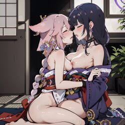 after_kiss ai_generated blush breast_press breasts closed_eyes fox_ears fox_girl genshin_impact hoyoverse imminent_sex kimono mihoyo raiden_shogun stable_diffusion thick_thighs thighs yae_miko yukino_ai yuri