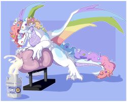 anthro blush blush_lines bodily_fluids breeding_mount claws cum dragon dragunsnack ejaculation excessive_cum excessive_genital_fluids feral genital_fluids hi_res male male_only milk_container parfait_(dragunsnack) penetration sex_toy simple_background smile solo wings