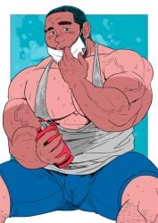 absol_(dkqthf) balls bara blush bulge facemask facial_hair male male_only muscles muscular penis shorts sitting solo solo_male spread_legs stained_clothes sweat sweat_stain sweating tan_body tank_top tanline