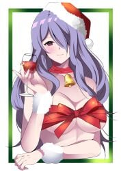 1girls arm_warmers bell bow breasts camilla_(fire_emblem) christmas cleavage cup drink drinking_glass fe135700 female female female_only fire_emblem fire_emblem_fates hair_over_one_eye hat heart highres holding holding_cup long_hair looking_at_viewer naked_ribbon neck_bell nintendo purple_eyes purple_hair red_bow red_headwear red_ribbon ribbon ribbon_bra santa_hat smile solo upper_body