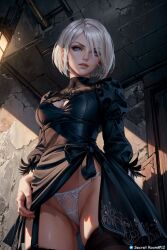 ai_generated black_dress breasts cleavage cleavage_cutout cowboy_shot dress_pull female garter_straps nier nier:_automata nier_(series) pantyshot secret_room12 short_hair solo stable_diffusion tagme upskirt white_panties