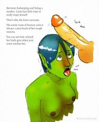 1boy 1girls ahe_gao blowjob blue_eyes blue_hair caption elf_ears female goblin goblin_female looking_at_partner looking_up short_hair tongue tongue_out wordhurricane