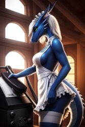 1girls 2020s 2023 ai_generated anthro ass_peek blue_body dragon frosting.ai green_eyes long_hair machine maid maid_outfit maid_uniform revealing_clothes scalie scalieton scantily_clad self_upload short_skirt side_view sideboob white_hair window windows wingless_dragon