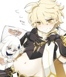 1boy aether_(genshin_impact) blonde_hair blush chubby chubby_male crop_top genshin_impact gloves male paimon_(genshin_impact) stomach touching_stomach