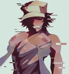 1boy baseball_cap big_pecs black_hair cap creepypasta friday_night_funkin friday_night_funkin_mod glitchy_red hand_on_breast hypnos_lullaby male_only man_boobs moobs pokemon steven_(strangled_red)