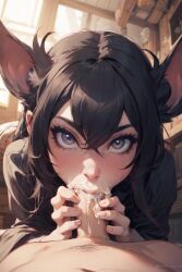 ai_generated aigeneratedp blowjob cosplay cow_ears deepthroat looking_at_viewer monster_girl pov_blowjob pov_eye_contact sucking_penis