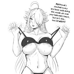 aged_up alisaie_leveilleur big_breasts black_and_white blush blushing_at_viewer bra breasts breasts_out dialogue earrings elf elf_ears elf_female elf_girl final_fantasy final_fantasy_xiv grayscale jamjam lipstick looking_at_viewer panting shaking square_enix thick_thighs voluptuous voluptuous_female