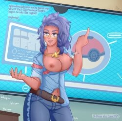 1girls belt big_breasts breasts breasts_out dark-skinned_female dark_skin female female_only glasses jeans nintendo nipples onionfairy99 onionfairylewds pokemon pokemon_sv purple_hair raifort_(pokemon) teacher