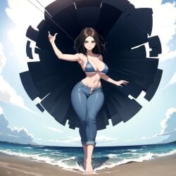 ai_generated barefoot bikini_top black_hole cixf feet huge_breasts jeans pants samsung samsung_galaxy samsung_sam thick_thighs toes