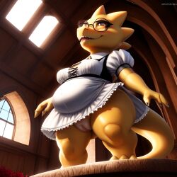 1girls 2020s 2023 ai_generated alphys anthro bottomless bottomless_female bottomless_skirt breasts chubby chubby_female deltarune female female_only frosting.ai glasses lizard_humanoid low-angle_view maid maid_outfit maid_uniform no_panties no_panties_under_skirt pussy scalie scalieton self_upload smile smiling standing_on_table table thick_thighs undertale undertale_(series) upskirt vagina windows yellow_body