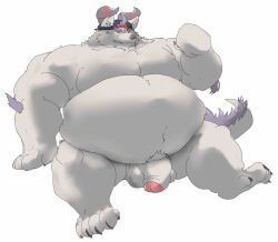 anthro balls behemoth_(tokyo_afterschool_summoners) belly flaccid foreskin fur genitals hair hi_res horn lifewonders male monster moobs navel nude overweight penis purple_hair solo_male tokyo_afterschool_summoners wayawamee white_body white_fur