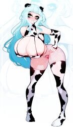 1girls ass_visible_through_thighs big_breasts blue_hair breasts breasts_bigger_than_head character_request cleavage comission cow_lingerie cow_print female female_only fishnets green_eyes hand_on_hip huge_breasts lingerie looking_at_viewer nipple_bulge nipples_visible_through_clothing pussy revealing_clothes sachiko sachiko_lashes shaved_pussy solo standing stockings thick_thighs thighhighs thighs