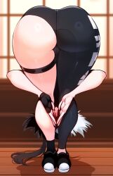 1girls ass ass_focus ass_up bent_over big_ass black_hair blush blush closed_eyes clothed clothing dat_ass embarrassed hips kyoko_(sachiko2s) light-skinned_female meme original_character praise_da_booty_(meme) pussy sachiko short_hair standing thick_thighs thighs two_tone_hair white_hair wide_hips yoga_pants