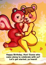 2girls animal_crossing anthro ass breasts brokenrekordbro completely_nude completely_nude_female female female_focus female_only full_body furry happy_birthday looking_at_viewer naked naked_female nintendo nude nude_female open_mouth open_smile poppy_(animal_crossing) smile tammy_(animal_crossing) thick_thighs thighs