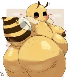 2d ambiguous_gender antennae_(anatomy) anthro arthropod arthropod_abdomen ass ass_focus bee belly big_ass big_belly big_breasts big_butt blush bodily_fluids breasts bubble_butt butt_focus fat_butt from_behind furry heart hi_res huge_ass huge_belly huge_breasts huge_butt insects jimmiezangoo lactating_honey lactation lactation_without_stimulation latte_(jimmiezangoo) looking_at_viewer looking_back musk naked nude obese overweight presenting presenting_hindquarters rear_view simple_background smile stinger thick_thighs unusual_lactation watermark wide_hips wings yellow_body