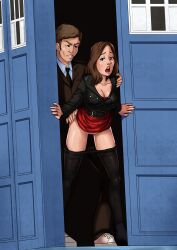 1boy 1girls alien brown_eyes brown_hair clara_oswald clothed clothed_sex converse_shoes david_tennant doctor_who hands_on_door jenna-louise_coleman jenna_coleman leggings leggings_down open_mouth sex sex_from_behind sketchlanza skirt_lift skirt_up tagme tardis tenth_doctor