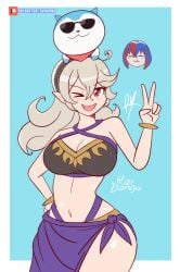 2girls ;d alear_(female)_(fire_emblem) alear_(fire_emblem) alternate_costume bikini_top black_bikini black_swimsuit breasts chibi cleavage closed_eyes corrin_(fire_emblem) corrin_(fire_emblem)_(female) female female_only fire_emblem fire_emblem_engage fire_emblem_fates large_breasts looking_at_viewer multicolored_hair multiple_girls nintendo one_eye_closed open_mouth pointy_ears purple_bikini purple_swimsuit raydango sarong smile solo_focus sommie_(fire_emblem) swimsuit v wink