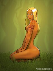 1girls blonde_hair blonde_hair_female elf elf_ear elf_ears elf_female elf_girl female forest golden_eyes golden_hair kneeling long_hair solo solo_female tan_body tan_skin wordhurricane yellow_eyes