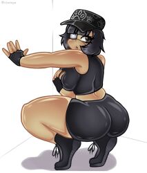 1girls ass big_ass black_hair brown_eyes claireya clothed eyepatch female freckles gloves grabbing_own_breast gym_clothes looking_back roblox roblox_avatar robloxian self_upload shiny_skin squatting thick_ass thick_thighs