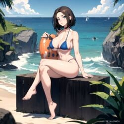 1girls ai_generated barefoot beach big_breasts bikini blue_eyes breasts brown_hair cixf cleavage crossed_legs feet female looking_at_viewer ocean samsung samsung_sam sitting solo thick_thighs toes