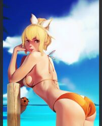 1girls achibner animal ass bare_shoulders bikini blonde_hair breasts cassandra_alexandra female green_eyes hair_ribbon leaning_forward looking_at_viewer looking_back medium_breasts namco ocean orange_bikini ponytail ribbon sideboob solo soul_calibur standing swimsuit