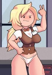 adventure_time adventure_time:_fionna_&_cake angry blonde_hair canon_panties canonical_scene clothing female fionna_and_cake fionna_campbell fionna_the_human_girl human pale_skin panties peace_sign pubic_hair public shirt_only vest white_panties