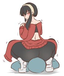 1girls anon ass_on_face blush face_in_ass facesitting female from_behind human leggings red_sweater spy_x_family squatting squatting_on_face squatting_position water_noodle white_background yor_briar yor_forger