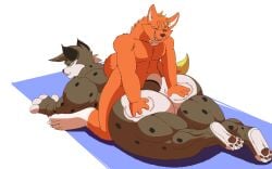 2023 animated anthro ass big_butt brown_body brown_fur canid canine duo felid feline fox fur gif hair hand_on_butt huge_butt kazecat kazecat_(character) kneading lying lynx male male/male mammal muscular muscular_anthro muscular_male on_front on_ground orange_body orange_fur paws pin_e_apples simple_background spots spotted_body spotted_fur tail