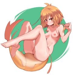 absurdres antenna_hair breasts breasts_apart commission commissioner_upload highres legs_up looking_at_viewer nipples nude orange_eyes orange_hair original pepper_(teuthidan) pussy short_hair shrimp_girl sitting tail yinn_s